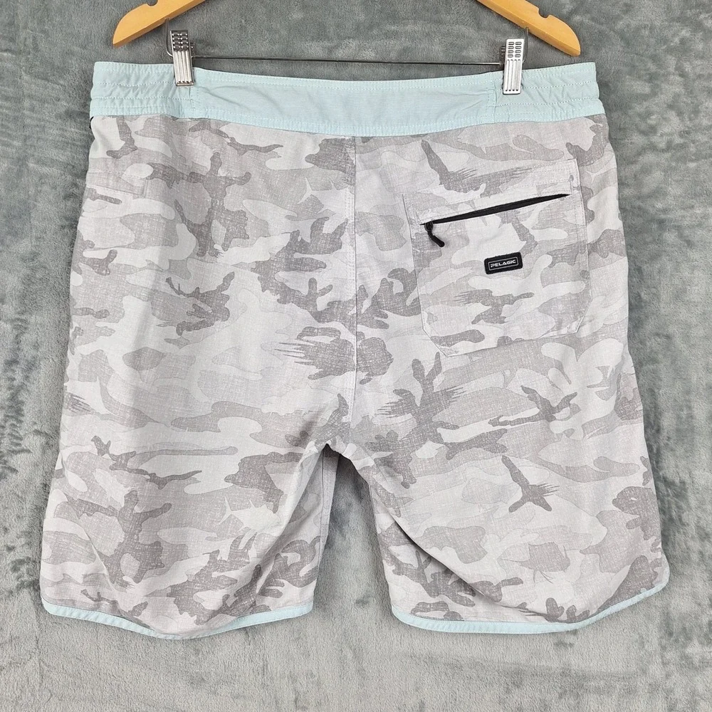Pelagic Board Shorts 36 Gray Camo High Performance Swim Trunks Fishing Beach